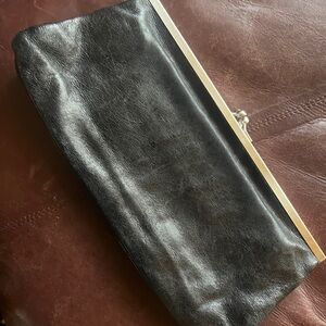 HOBO black leather clutch Floral Patterned interior double pocket snap closure